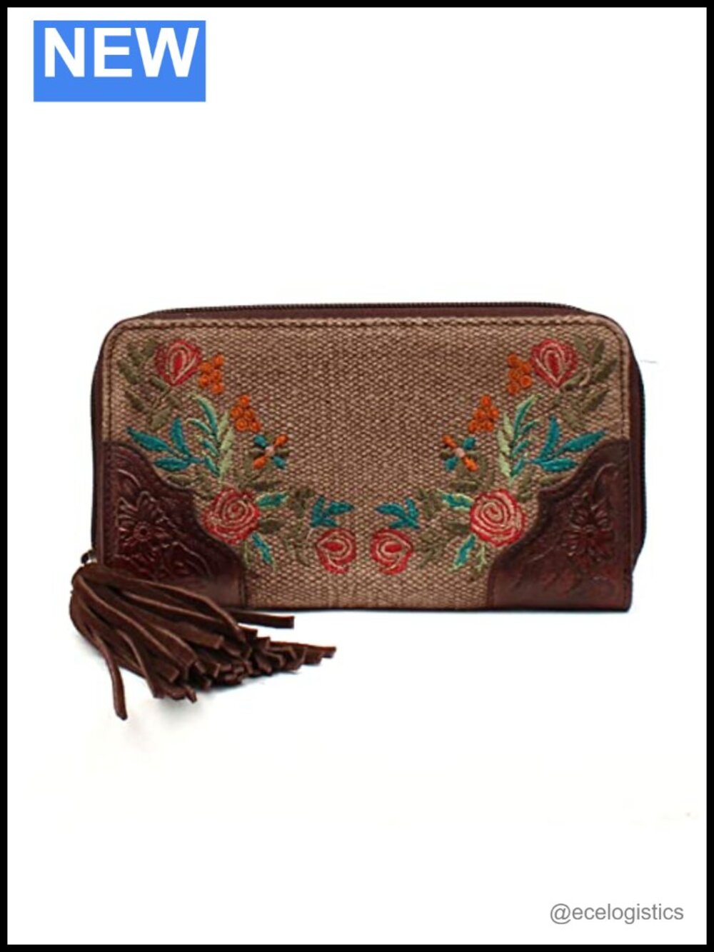 Canvas Flower Fringe Clutch Wallet with Removable Wristlet Strap